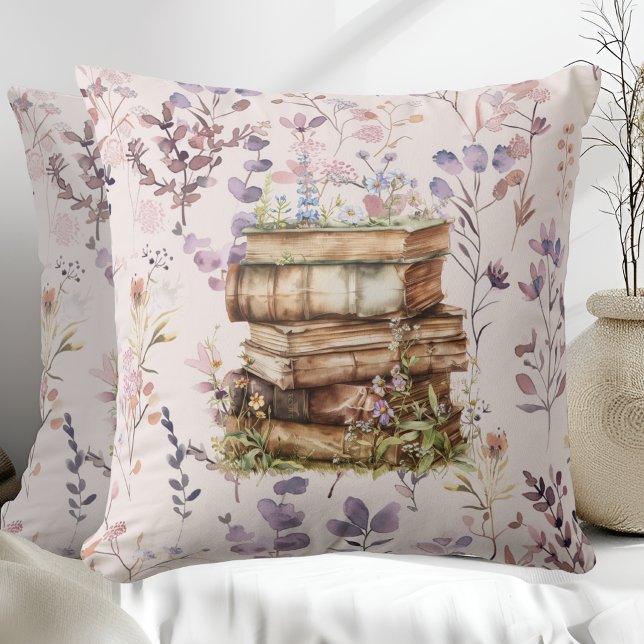 New Chapter watercolor, Stack of books wildflowers Cushion (Creator Uploaded)