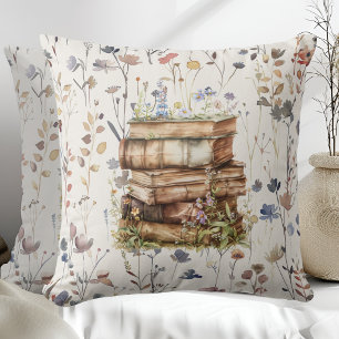 New Chapter watercolor, Stack of books wildflowers Cushion