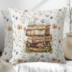 New Chapter watercolor, Stack of books wildflowers Cushion