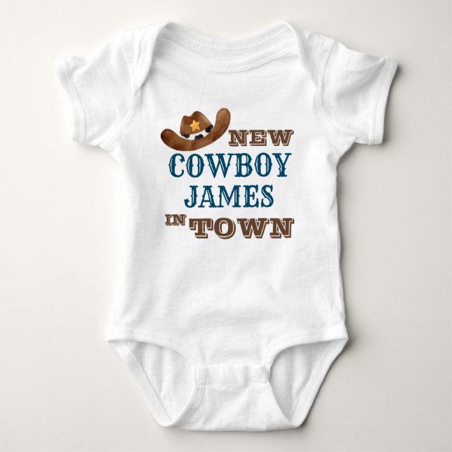 New cowboy in town personalised name baby baby bodysuit (Front)
