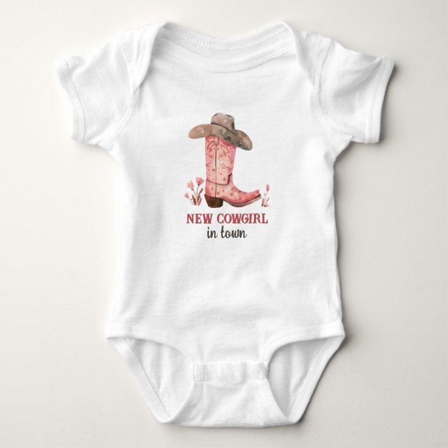 New Cowgirl in Town Pink Boots Cute Western Baby Bodysuit (Front)