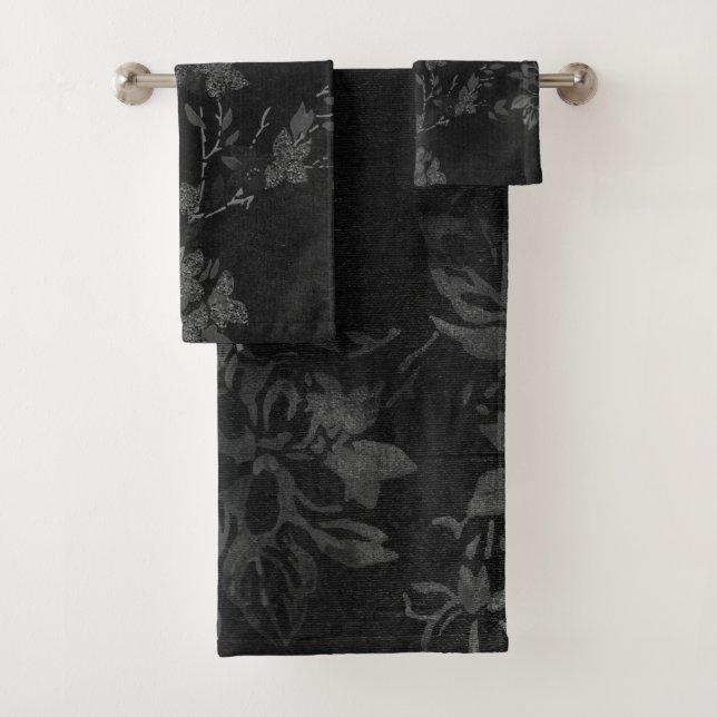 NEW CUSTOM BLACK SILVER FLORAL BATHROOM TOWEL SET (Insitu)