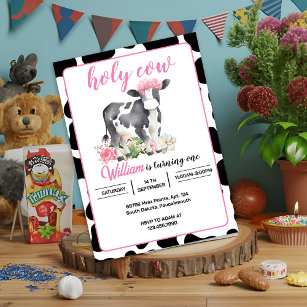 New Cute floral pink Holy Cow 1st Birthday Invitation