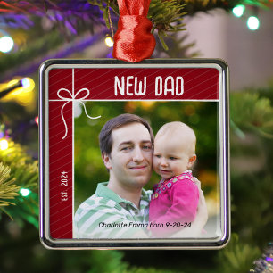 New Dad and Baby First Christmas Photo Metal Tree Decoration