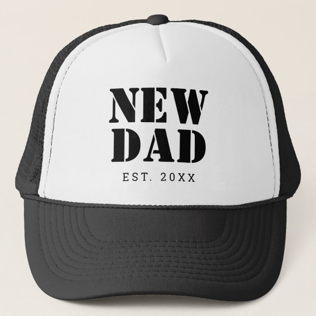 New Dad Established Year Black White Trucker Hat (Front)