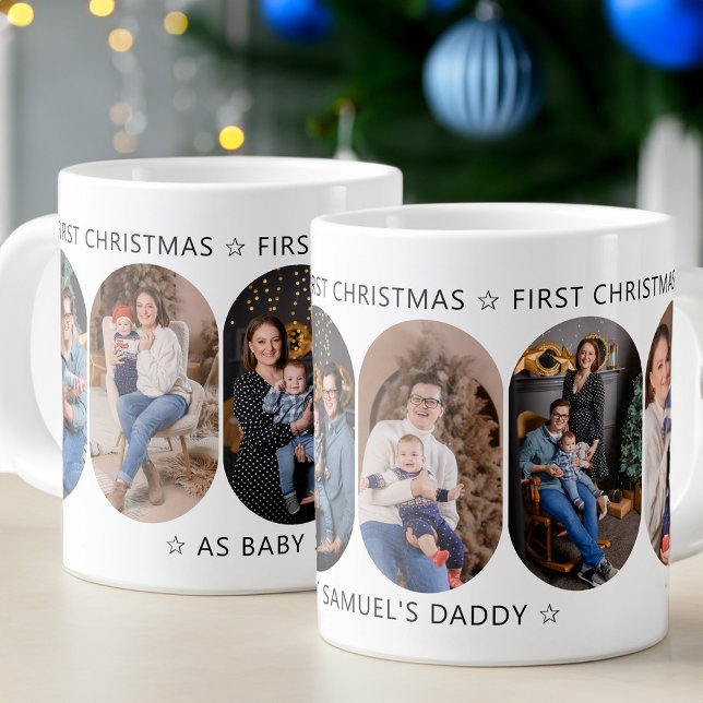 New Dad First Christmas 6 Photo Rounded Lozenge Large Coffee Mug (Believe in Magic first christmas with new baby 5 photo mug  Rounded Lozenge Photo Collage collection)