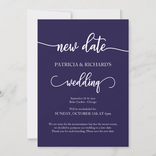 New Date Postponed Wedding Announcement Navy Blue (Front)