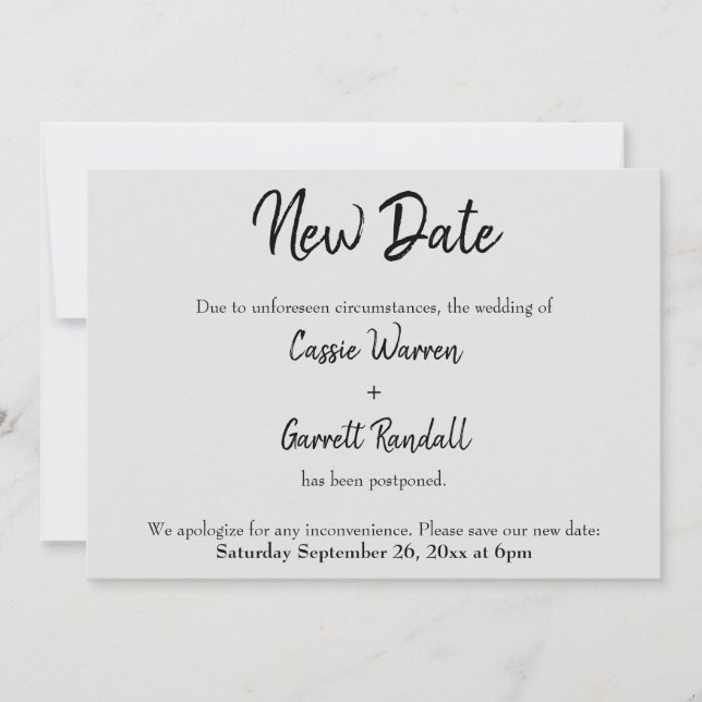 "New Date" Postponed Wedding Black on Grey Card (Front)