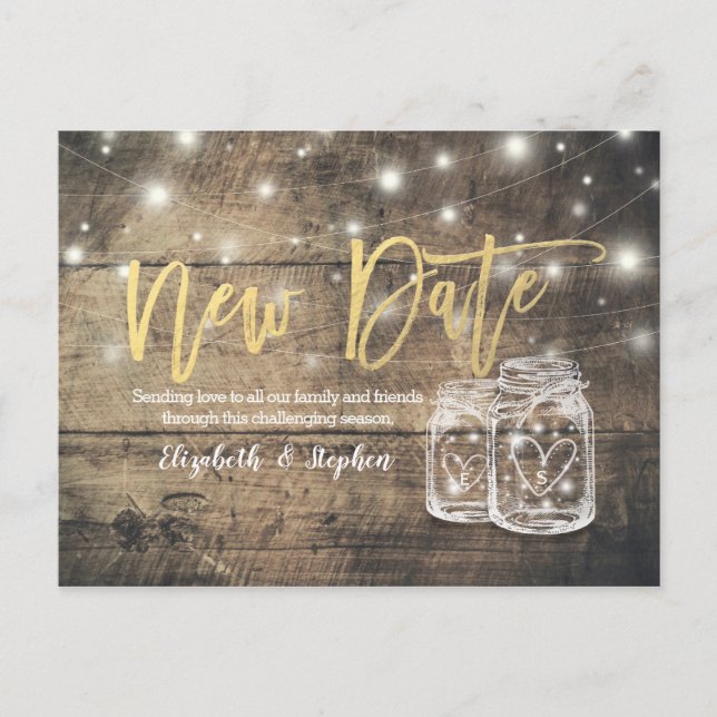 New Date Wedding Postponement Mason Jar Wood Light Announcement Postcard (Front)