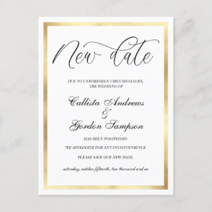 New Date White Gold Border Postponed Wedding Announcement Postcard