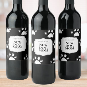 New Dog Mum Gift Modern Black White Paws Wine Label