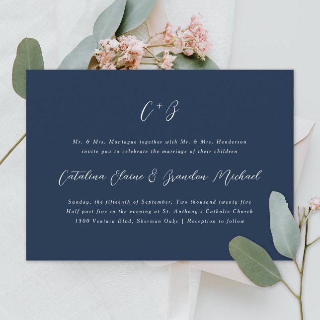 New Elegance Calligraphy Monogram Names Navy Blue Invitation (Creator Uploaded)