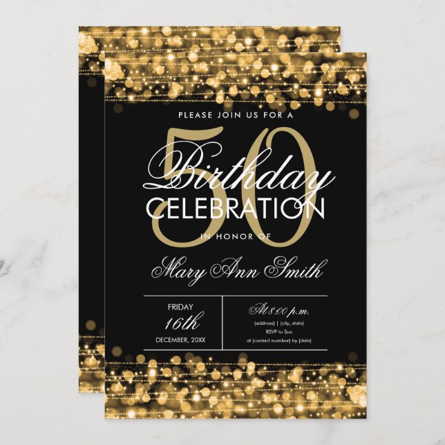 New! Elegant 50th Birthday Party Sparkles Gold  Invitation (Front/Back)