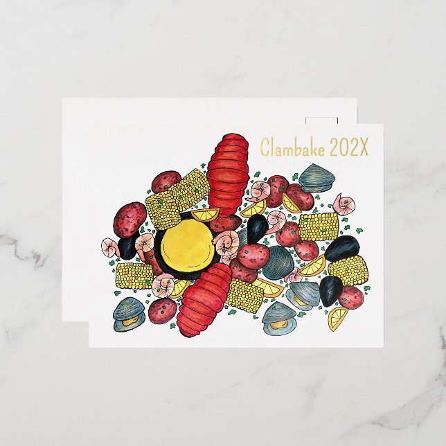 New England Clams Lobster Clambake Seafood Dinner Foil Holiday Postcard (Front/Back)