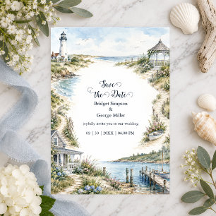 new england romantic Lighthouse coastal Wedding Invitation