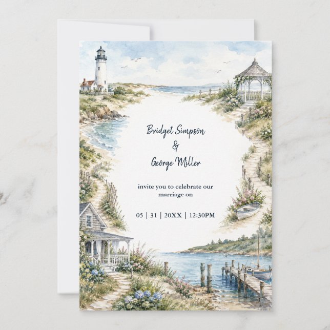 new england romantic Lighthouse coastal Wedding  Invitation (Front)