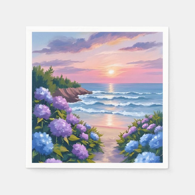New England Summer | Hydrangea Beach Painting Napkin (Front)