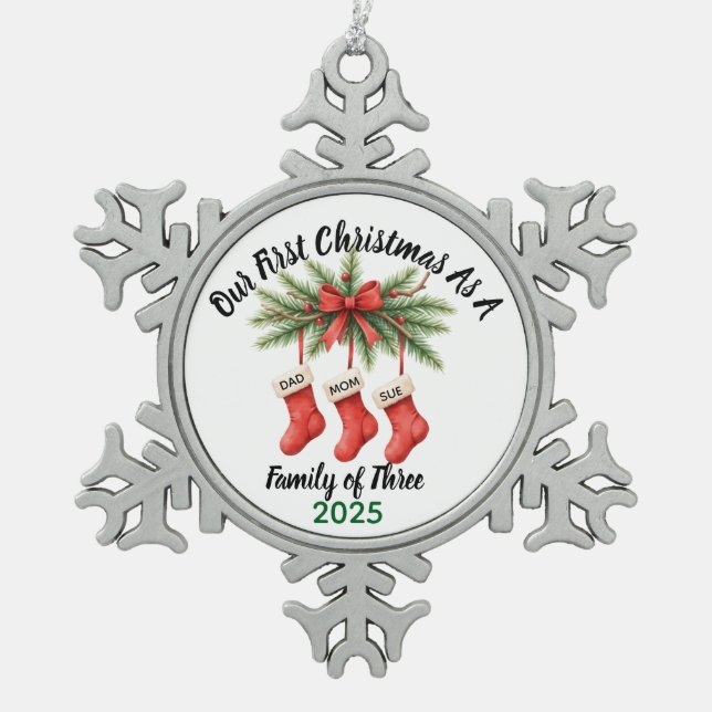 New Family of 3 First Christmas Keepsake 2025  Snowflake Pewter Christmas Ornament (Front)
