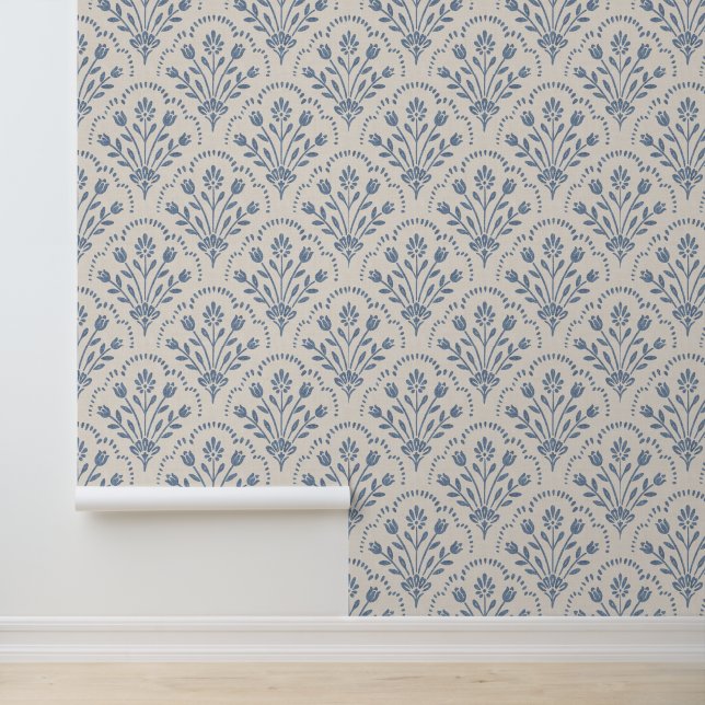 New Farmhouse Blue Floral Scallop Pattern Wallpaper (Application)