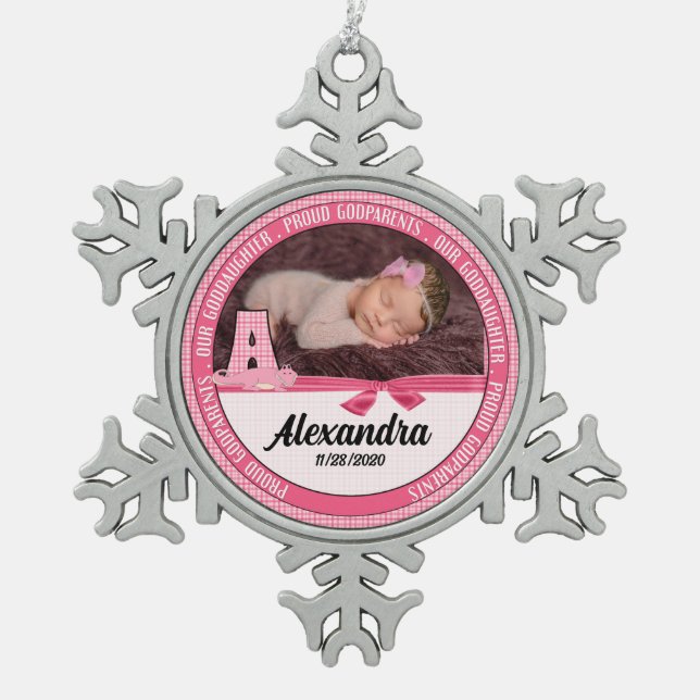New Godparents Monogram A Pink Baby Photo Snowflake Pewter Christmas Ornament (Front)