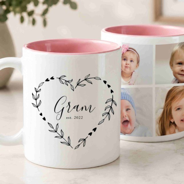 New Gram Year Est. Four Photo Collage Two-Tone Coffee Mug (Creator Uploaded)