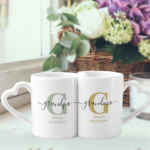 New Grandma and Grandpa Monogram Green and Ochre Coffee Mug Set