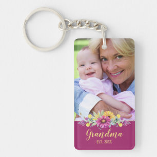 New Grandma Elegant Flowers Burgundy   Photo Key Ring