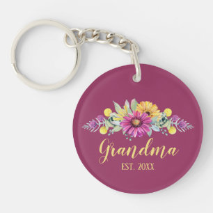 New Grandma Elegant Flowers Burgundy   Photo Key Ring