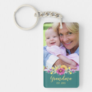 New Grandma Elegant Flowers Turquoise Teal Photo Key Ring