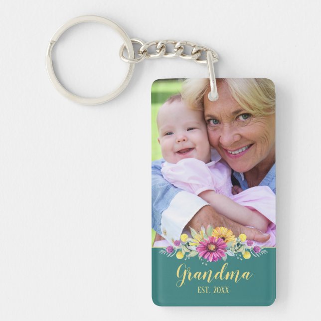 New Grandma Elegant Flowers Turquoise Teal | Photo Key Ring (Front)