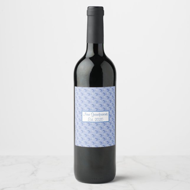 New Grandparents Est. 2020 Blue Stork Pattern Wine Label (Front)