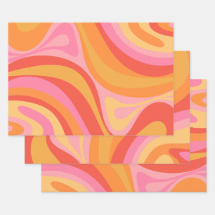 New Groove Retro Abstract Pattern Pink and Orange Wrapping Paper Sheet