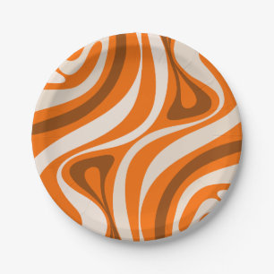 New Groove Retro Abstract Patterns Orange Brown Paper Plate