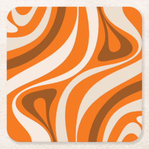 New Groove Retro Abstract Patterns Orange Brown Square Paper Coaster