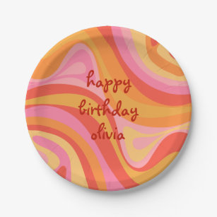 New Groove Retro Abstract Pink Orange Birthday Paper Plate