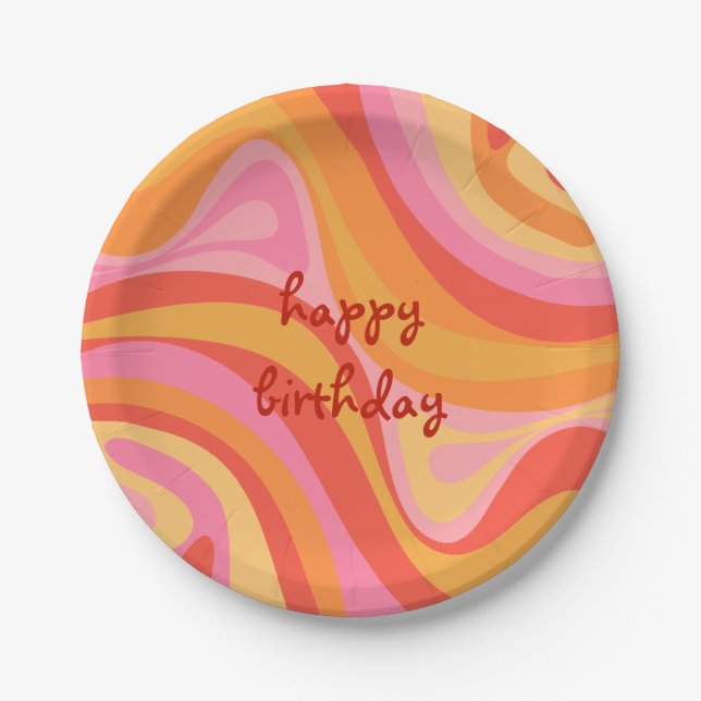 New Groove Retro Abstract Pink Orange Birthday Paper Plate (Front)