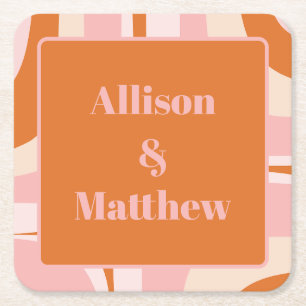 New Groove Retro Modern Minimalist Pink and Orange Square Paper Coaster
