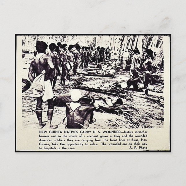 New Guinea Natives Carry U.S. Wounded Postcard (Front)