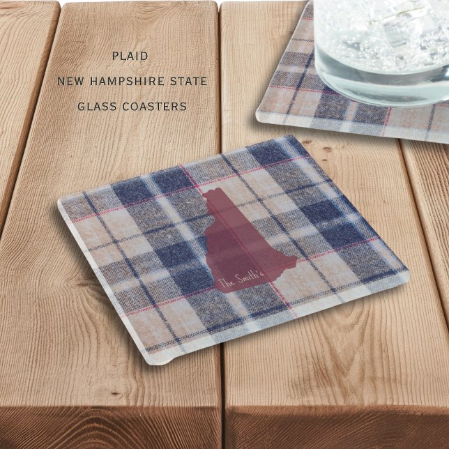 New Hampshire Plaid Glass Coaster (Beautiful glass coasters featuring the state of New Hampshire with a fuzzy plaid backround )