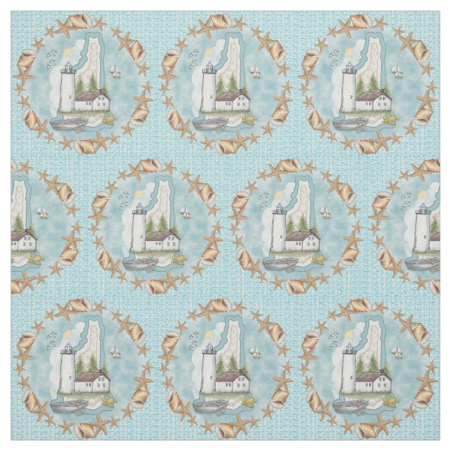 New Hampshire Shells Lighthouse Fabric (Swatch)