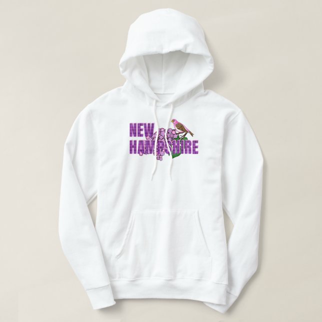 New Hampshire State Symbols Purple Finch & Lilacs Hoodie (Design Front)