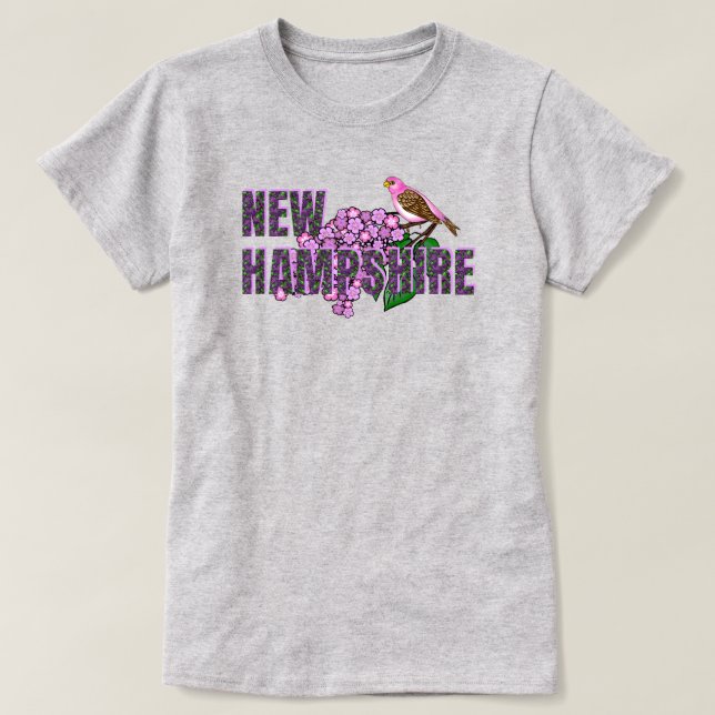 New Hampshire State Symbols Purple Finch & Lilacs T-Shirt (Design Front)