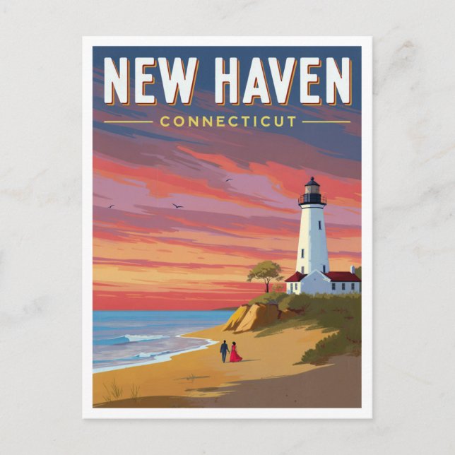 New Haven Connecticut Lighthouse Sunset Postcard (Front)