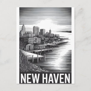 New Haven Connecticut Skyline Black White Woodcut Holiday Postcard