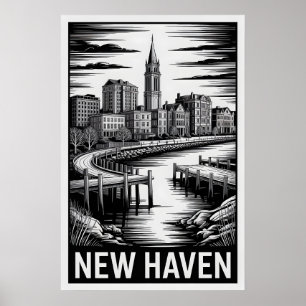 New Haven Connecticut Skyline Black White Woodcut Poster