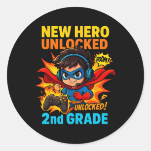 New Hero Unlocked 2nd Grade Gamer Kids Tee Classic Round Sticker