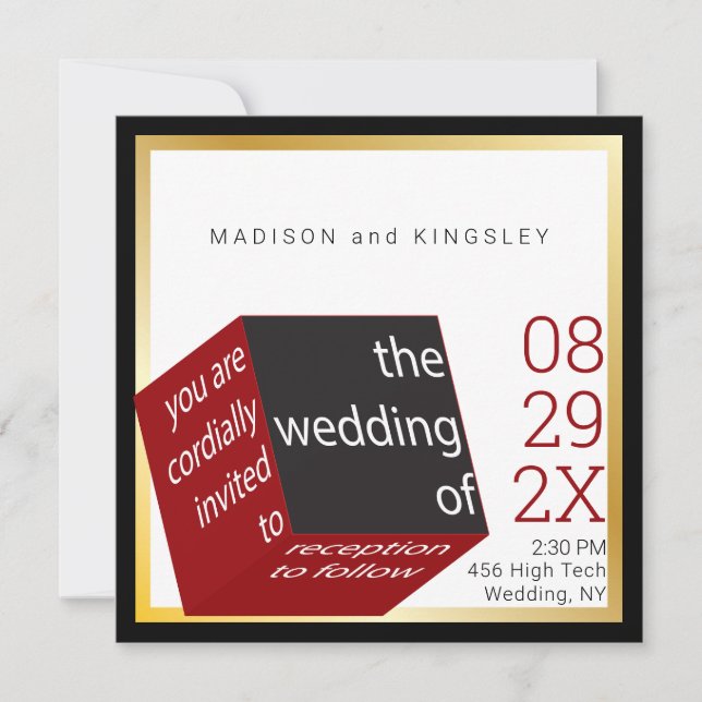 New High Tech Black | Red Cube Epic Wedding Invitation (Front)