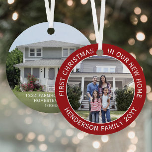 New Home Address 1st Christmas Simple 2 Photo Red Metal Tree Decoration