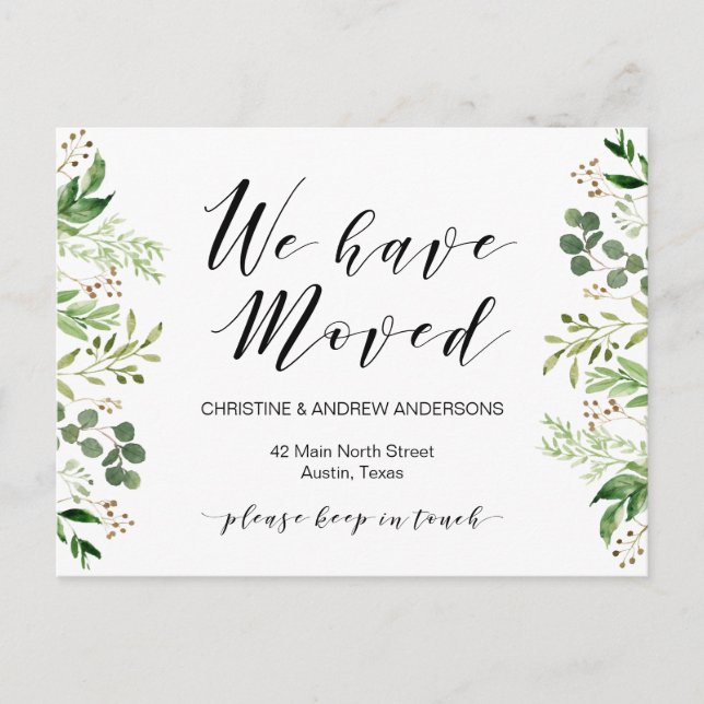 New Home Address, Greenery, Moving Announcement Postcard (Front)