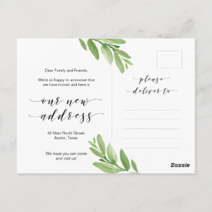 New Home Address, Greenery, Moving Announcement Postcard